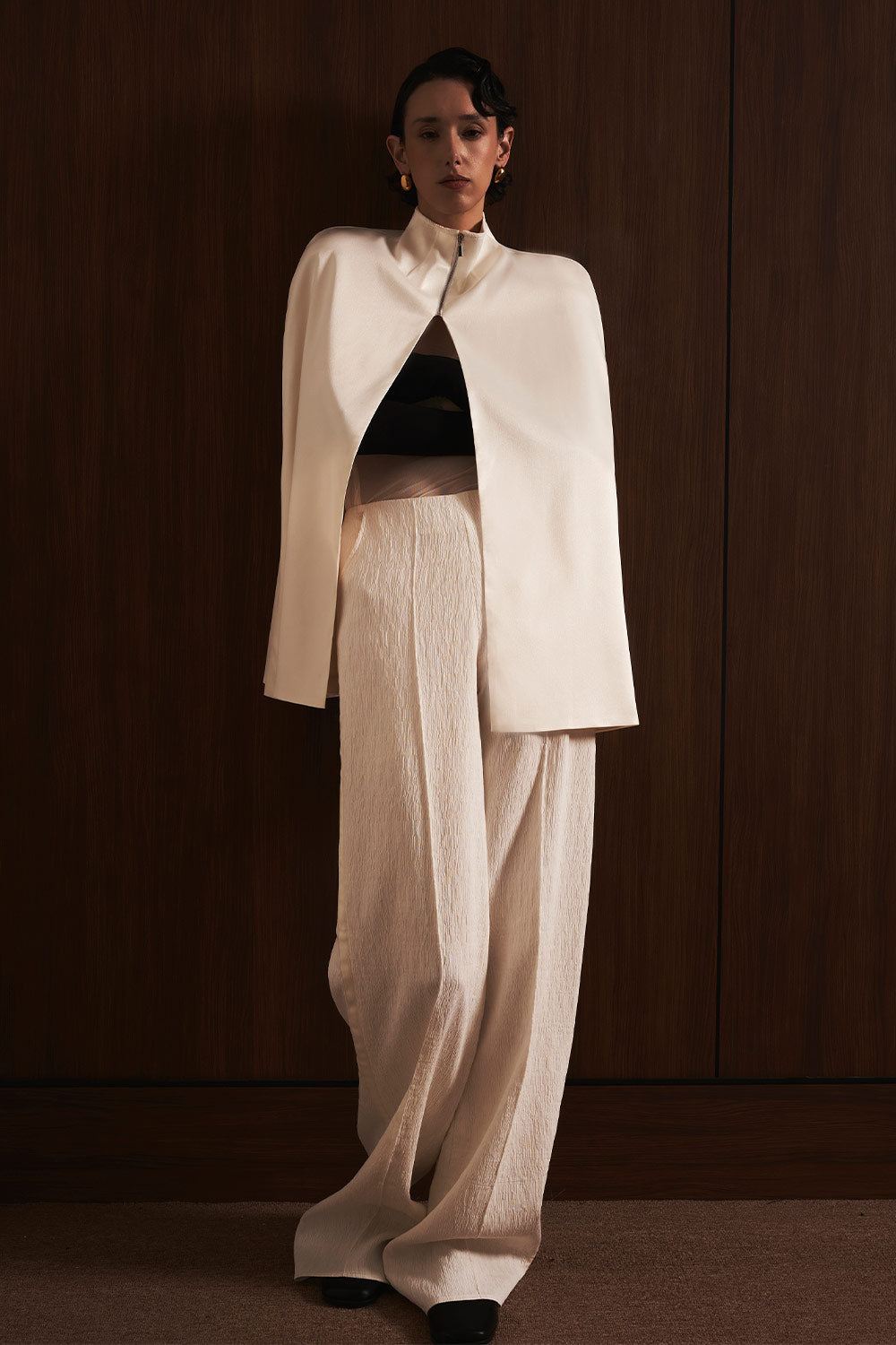 Minh Nga Trapezoid High Neck Satin Cape