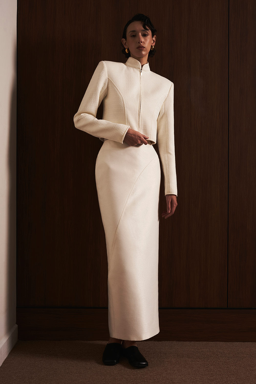 Thanh An Pegged Back Slit Taffeta Midi Skirt