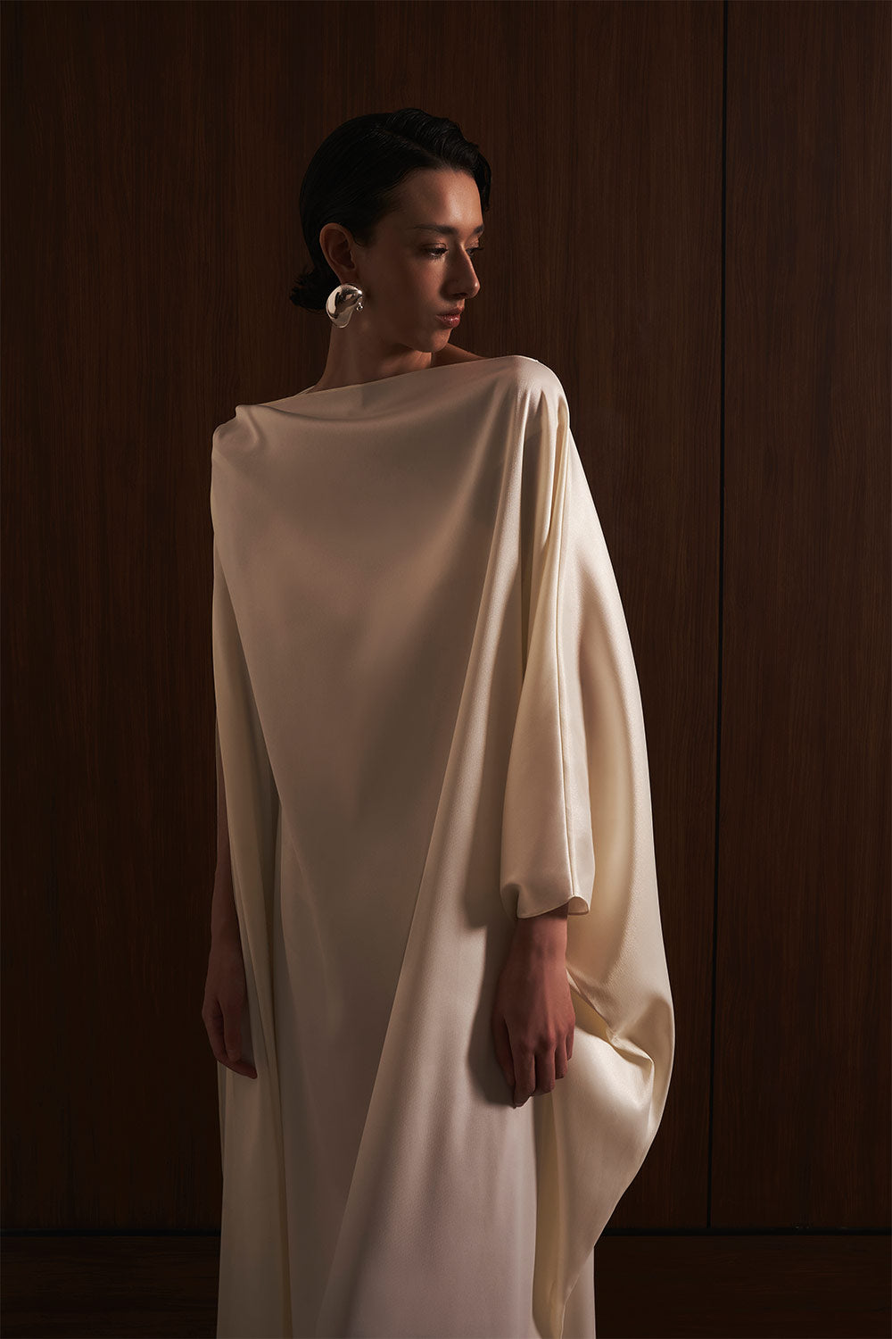 Quyen Trapezoid Boat Neck Satin Maxi Dress