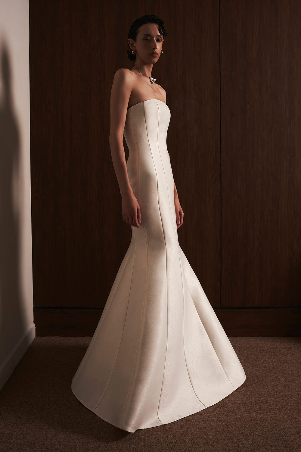 Tram Trumpet Straight Across Neck Taffeta Maxi Dress