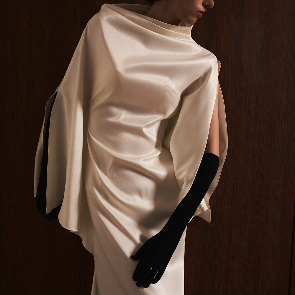 Van Chau Straight Slit Sleeved Satin Maxi Dress