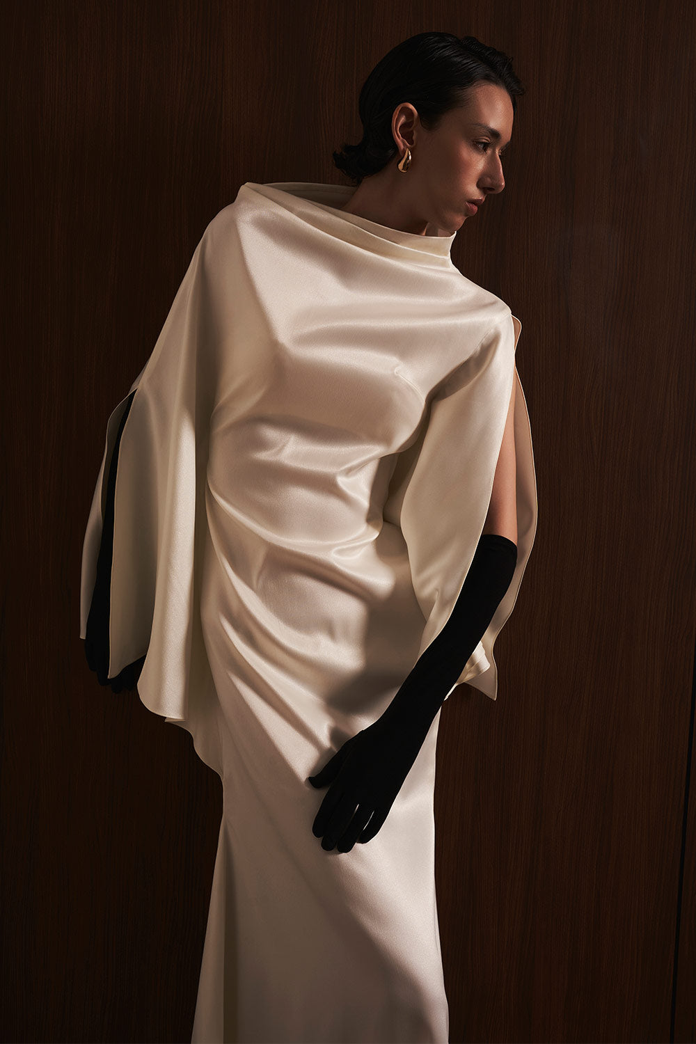 Van Chau Straight Slit Sleeved Satin Maxi Dress