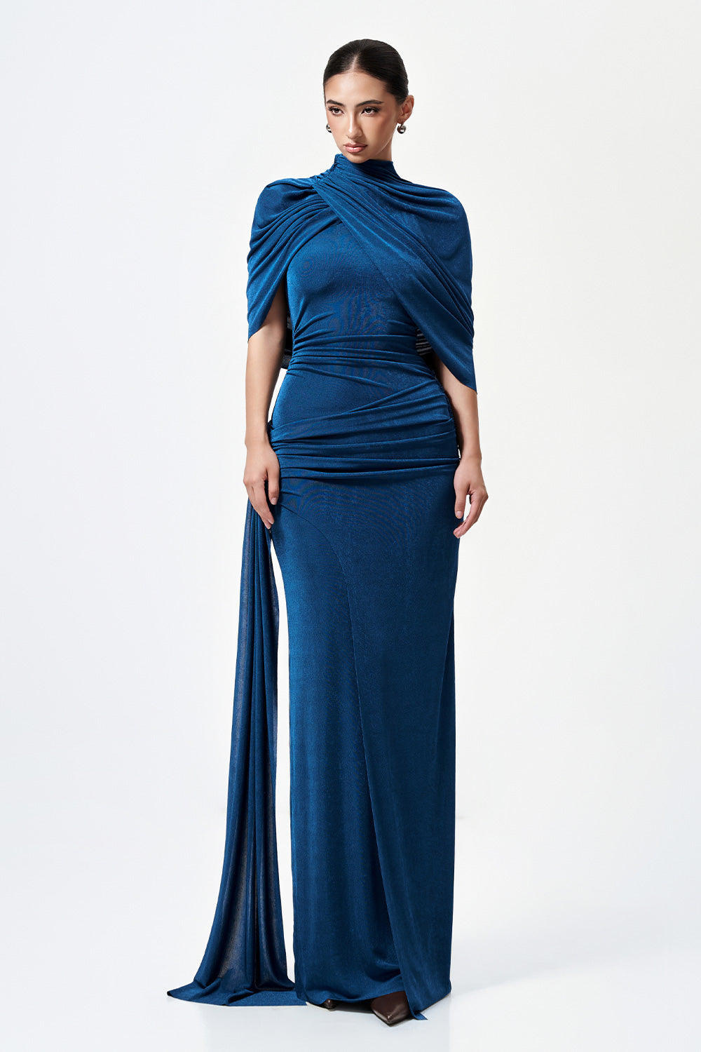 Athena Sheath Cape Shoulder Elastic Cotton Maxi Dress