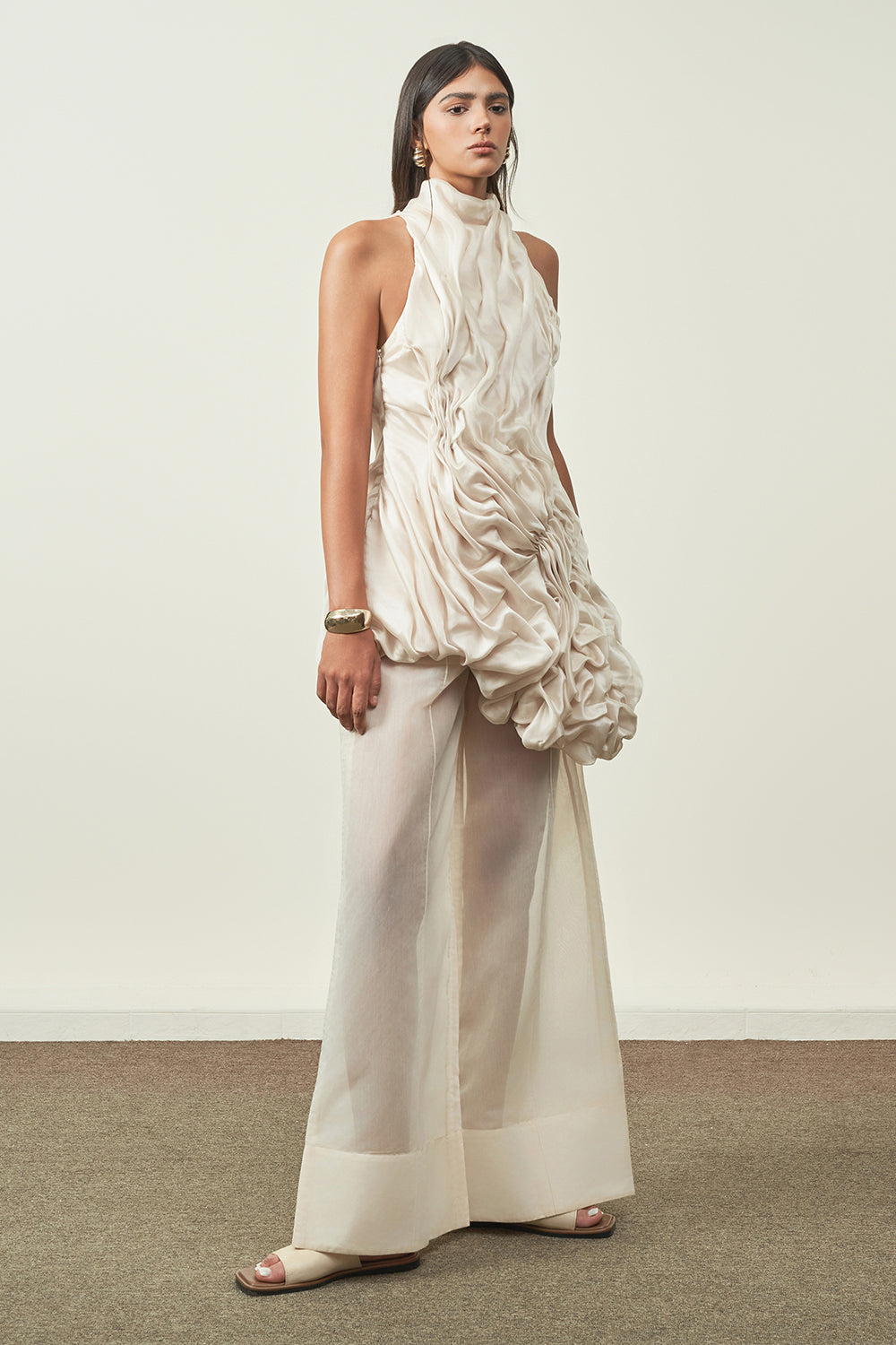 Thien Thanh Asymmetric Halter Neck Silk Organza Top