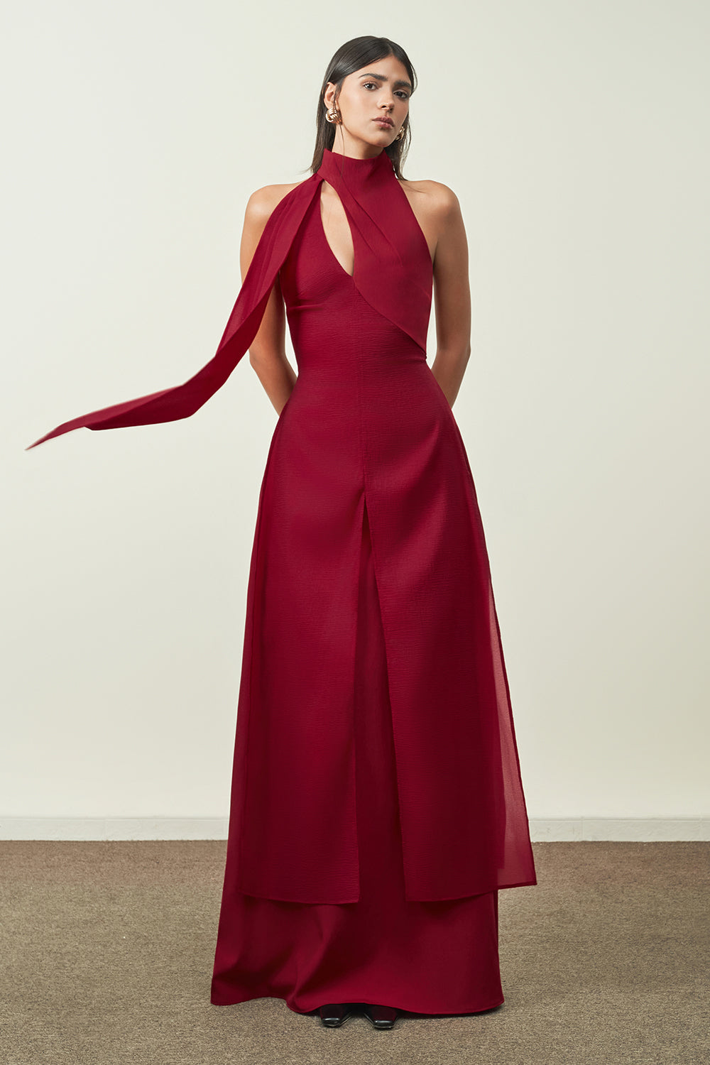 Yen Layered High Neck Floss Silk Ankle Length Dress