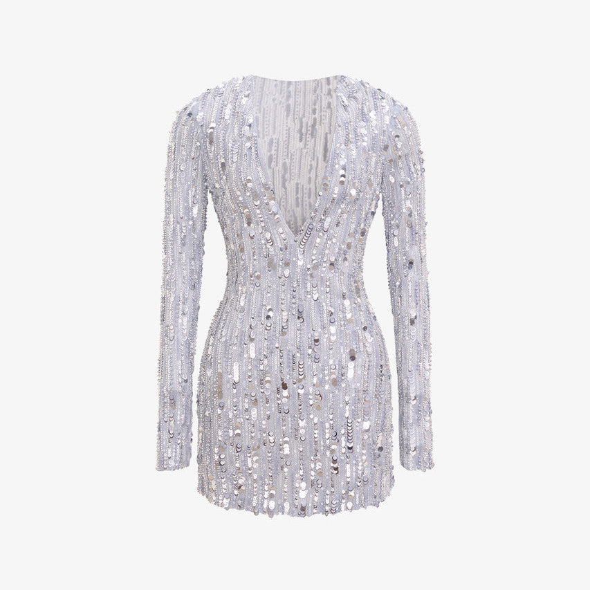 Dazzle Sequin Long-Sleeve V-Neck Mini Dress 2