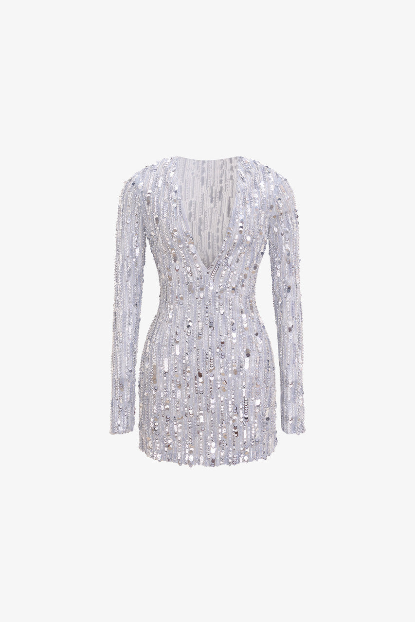 Dazzle Sequin Long-Sleeve V-Neck Mini Dress 2