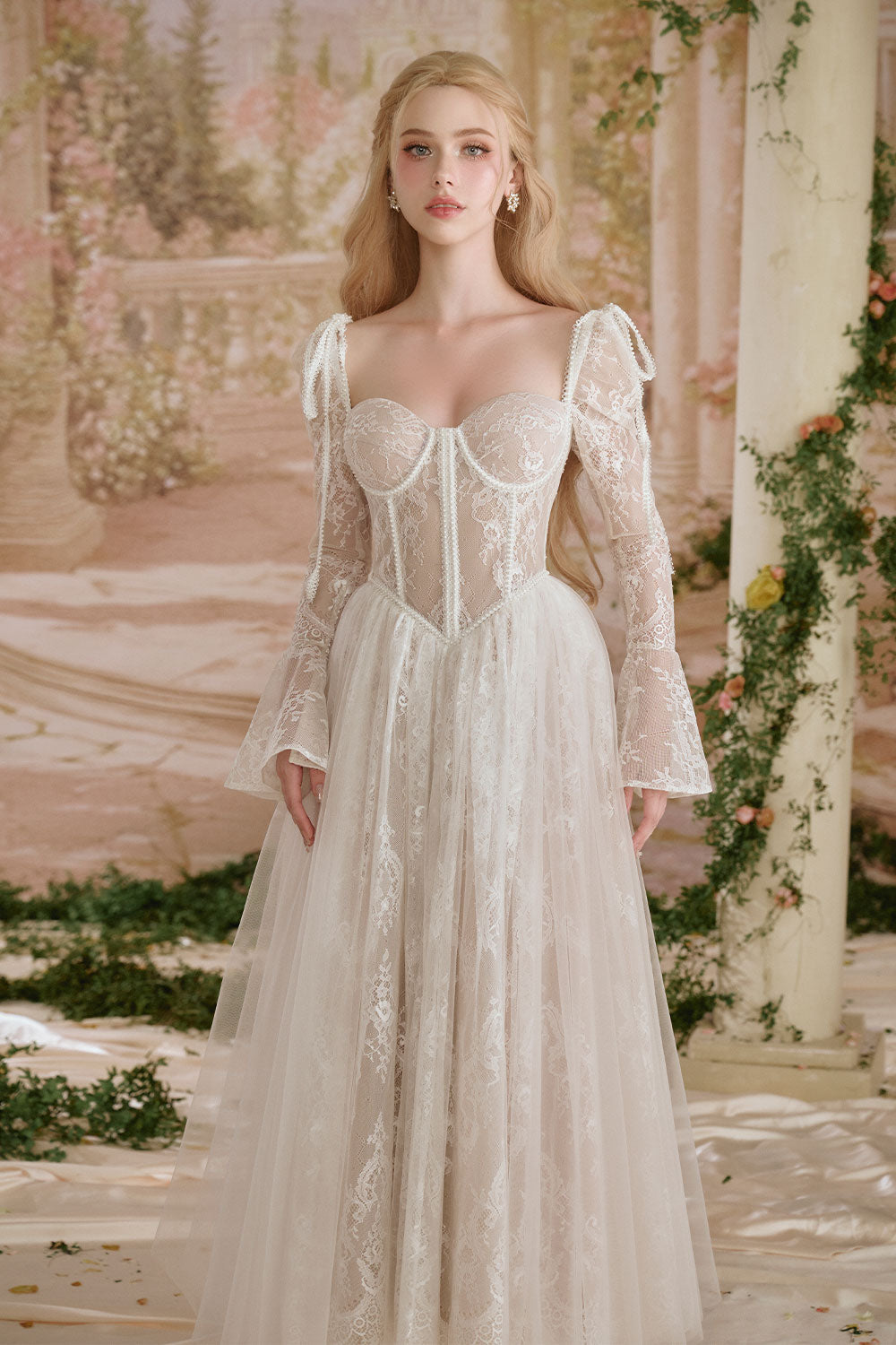 Clover A-line Poet Sleeved Silk Lace Ankle Length Dress White / Customize