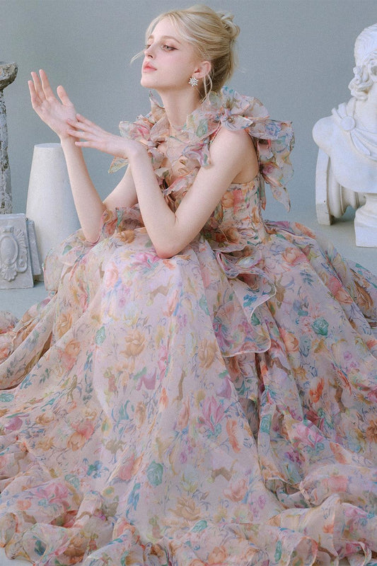 Peony Ball Gown Ruffle Layer Mesh Silk Floor Length Dress