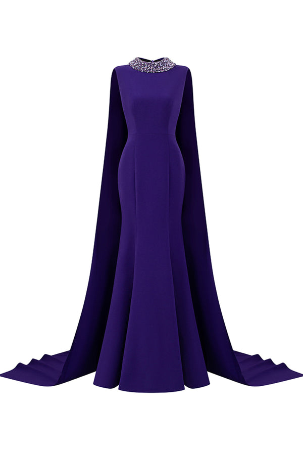 Marceline Sheath Cape Sleeved Crepe Floor Length Dress