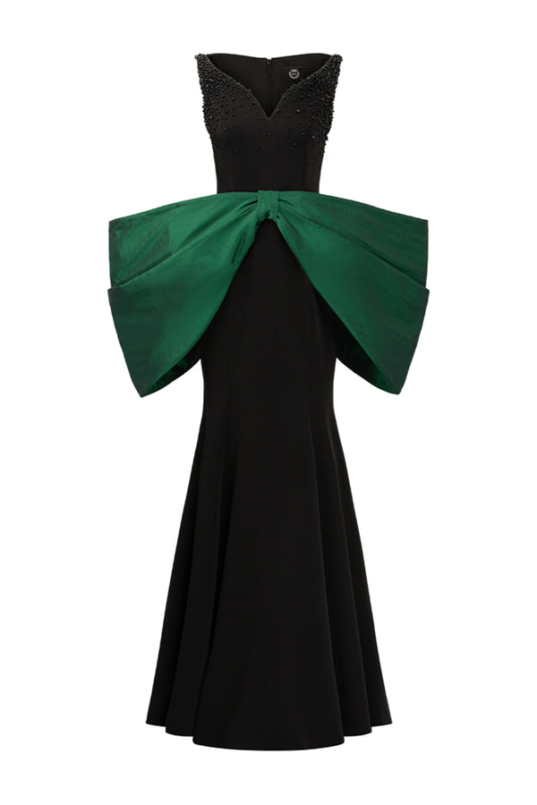 Aurelia Trumpet Bow Crepe Floor Length Dress