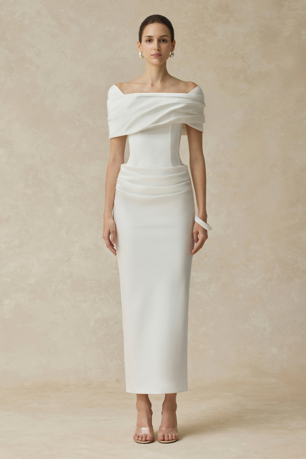 white draped midi dress Solara Cold Shouder Sleeve Draped Midi Dress