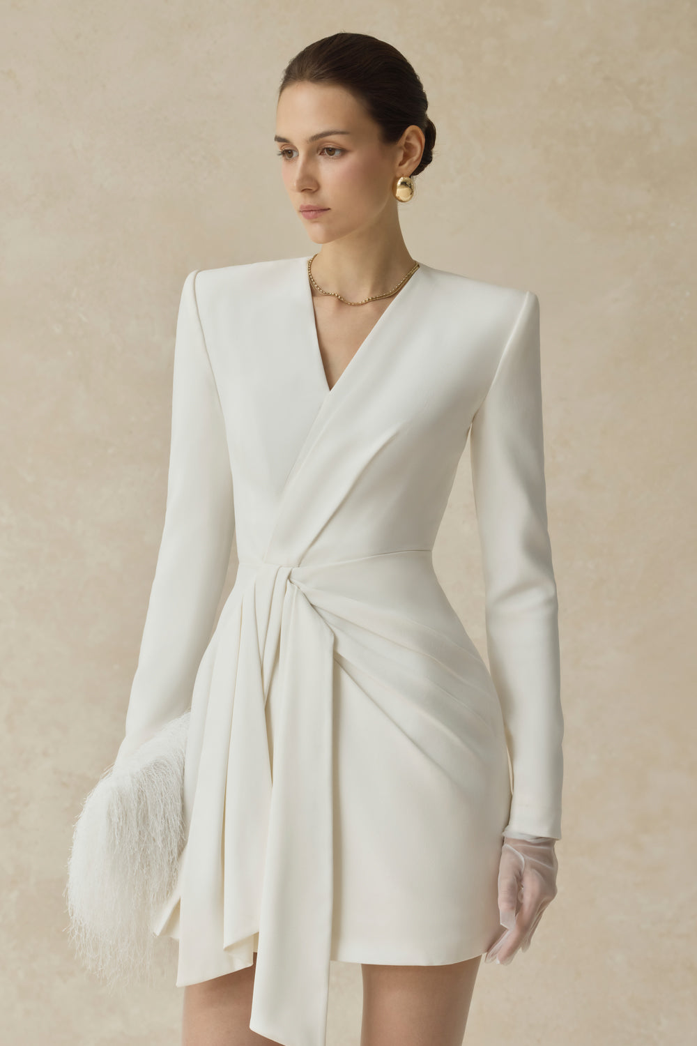 white draped mini dress Sora V-Neck Draped Mini Dress