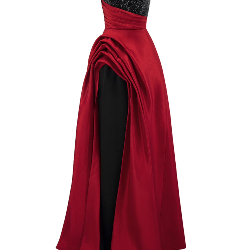 Estelle Asymmetric Curved Neck Taffeta Floor Length Dress