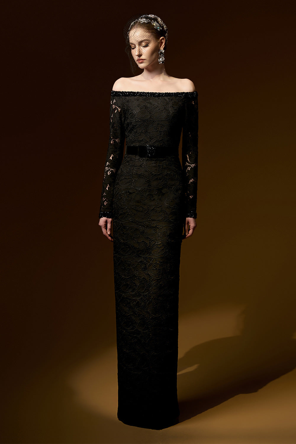 Zelda Sheath Off-Shoulder Lace Floor Length Dress