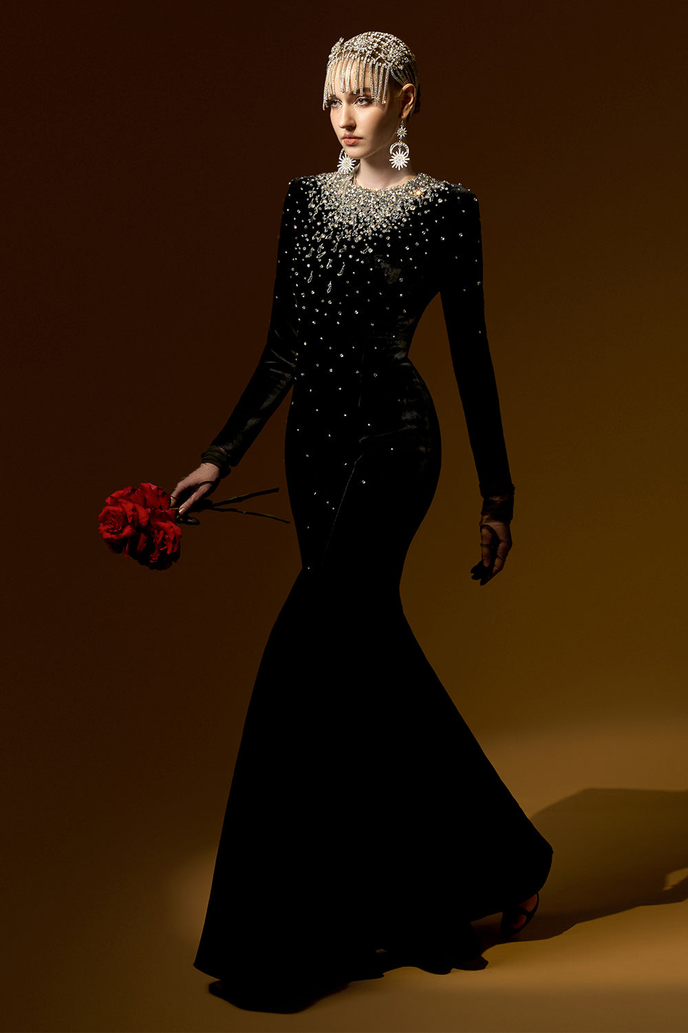 Miriam Mermaid Stone Velvet Floor Length Dress