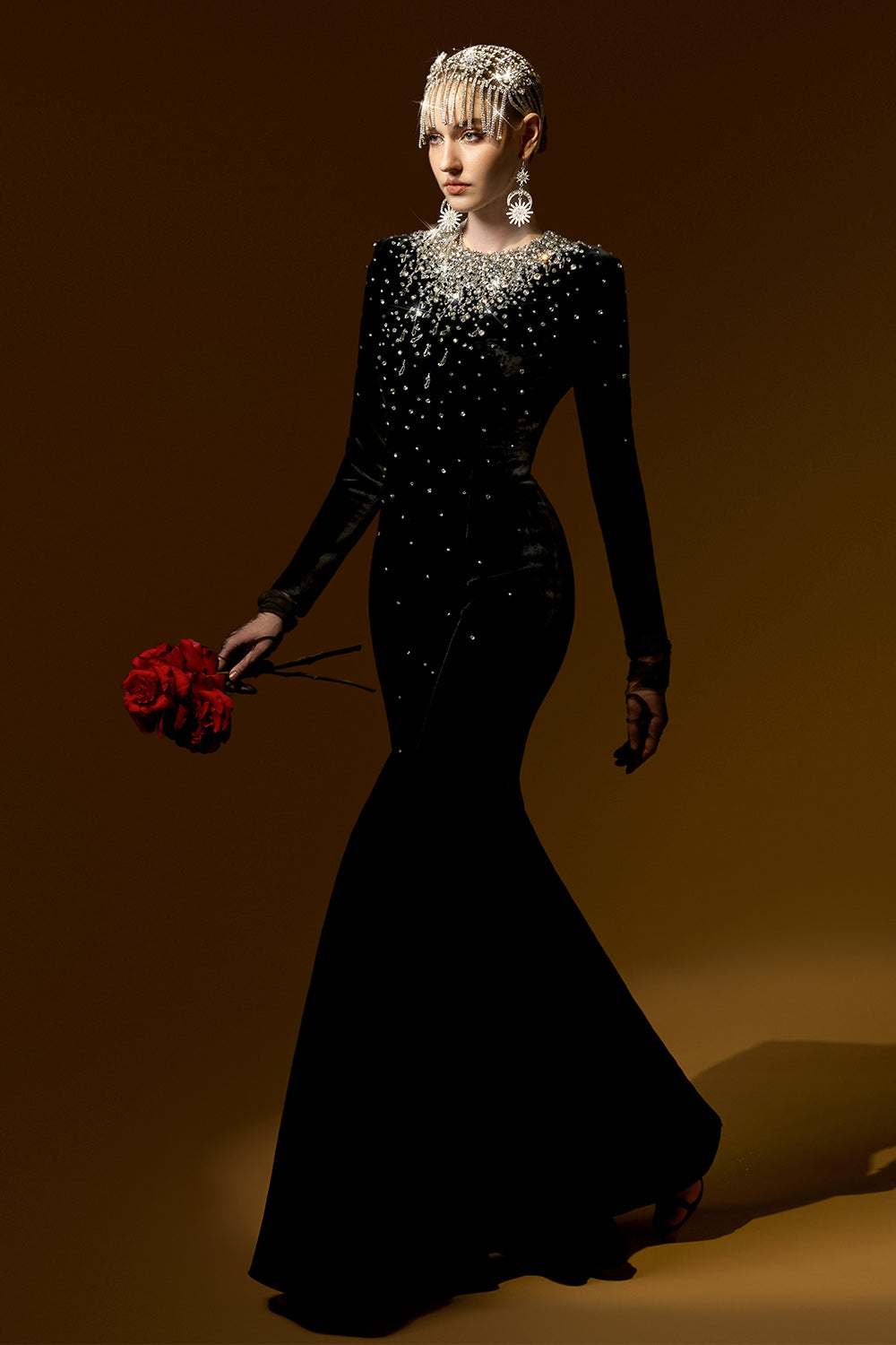 Miriam Mermaid Stone Velvet Floor Length Dress