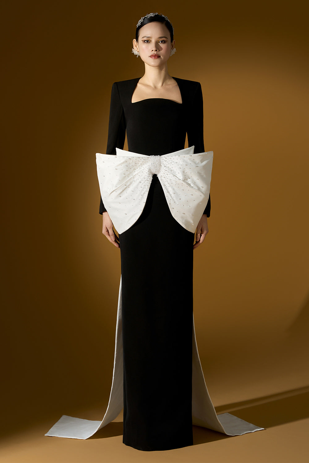 Cameron Sheath Bow Tie Crepe Floor Length Dress