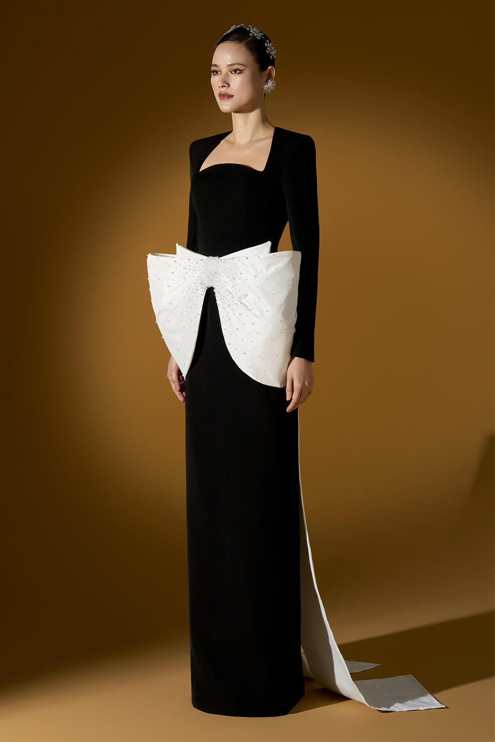 Cameron Sheath Bow Tie Crepe Floor Length Dress