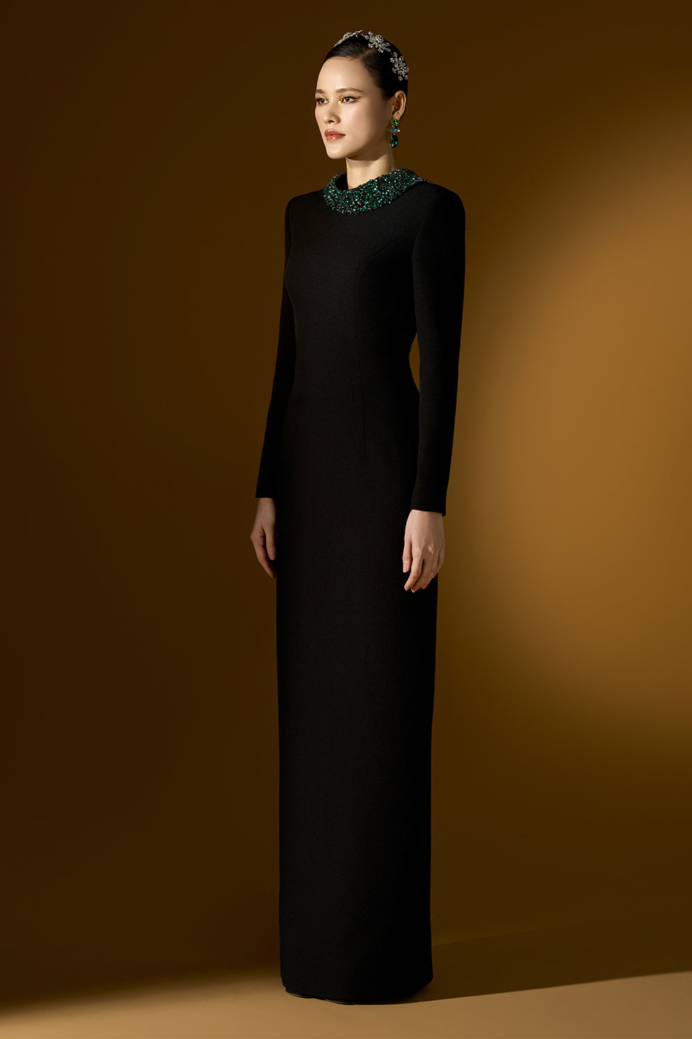 Lola Sheath Mock Neck Scuba Floor Length Dress