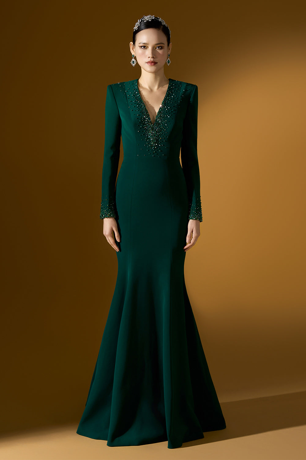 Fiona Mermaid Plunge Neck Crepe Floor Length Dress