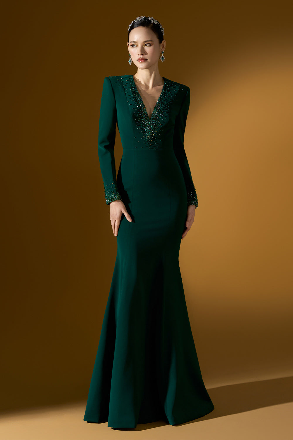 Fiona Mermaid Plunge Neck Crepe Floor Length Dress