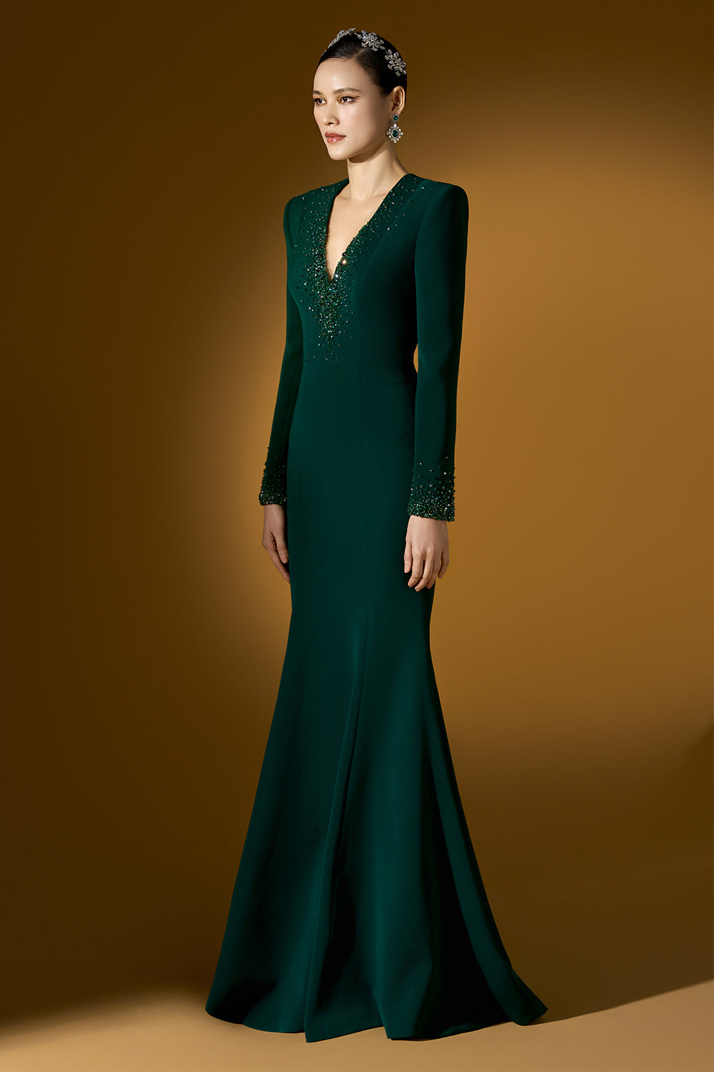 Fiona Mermaid Plunge Neck Crepe Floor Length Dress