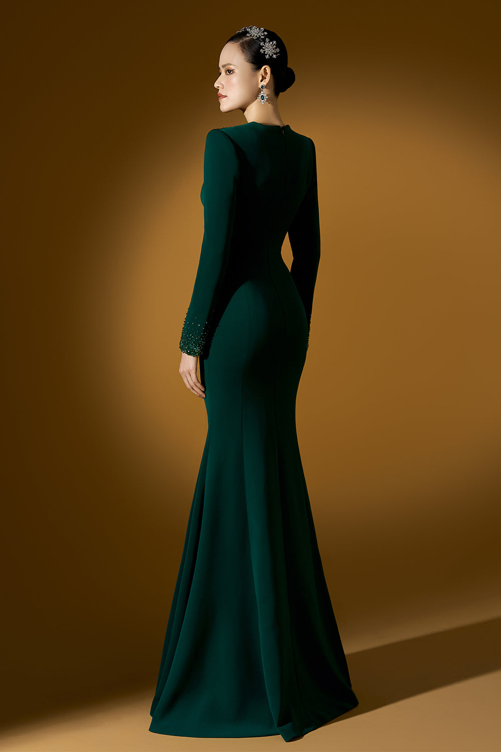 Fiona Mermaid Plunge Neck Crepe Floor Length Dress