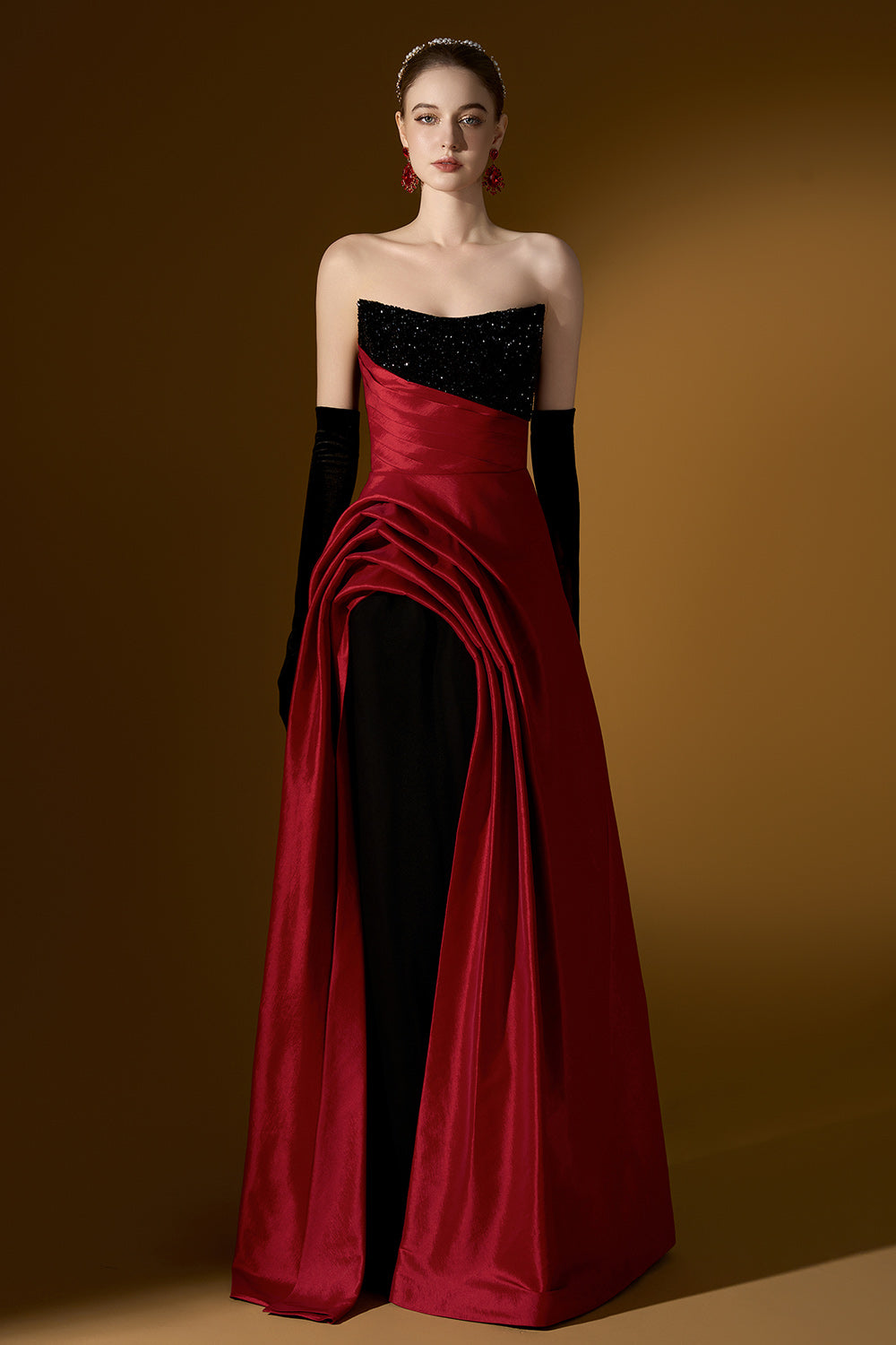 Estelle Asymmetric Curved Neck Taffeta Floor Length Dress