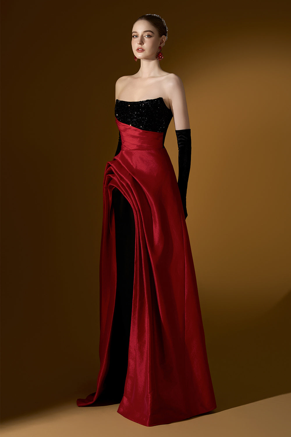 Estelle Asymmetric Curved Neck Taffeta Floor Length Dress