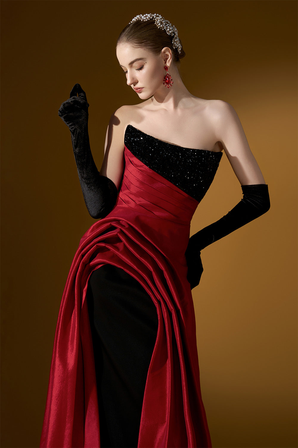 Estelle Asymmetric Curved Neck Taffeta Floor Length Dress