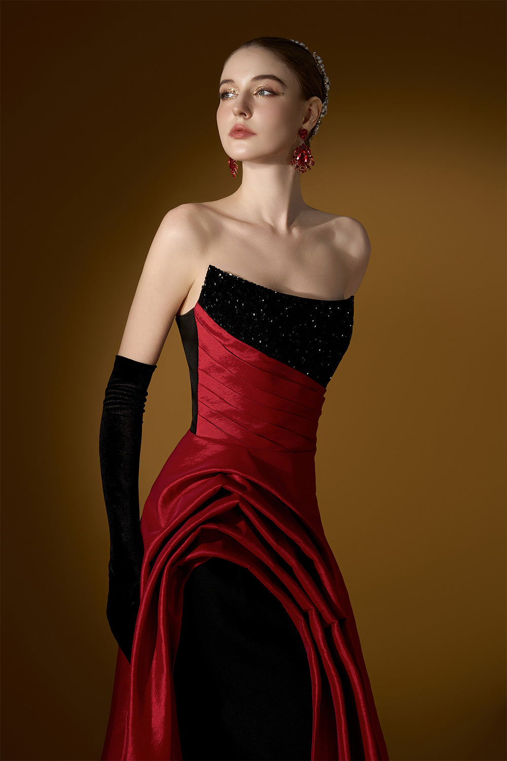 Estelle Asymmetric Curved Neck Taffeta Floor Length Dress