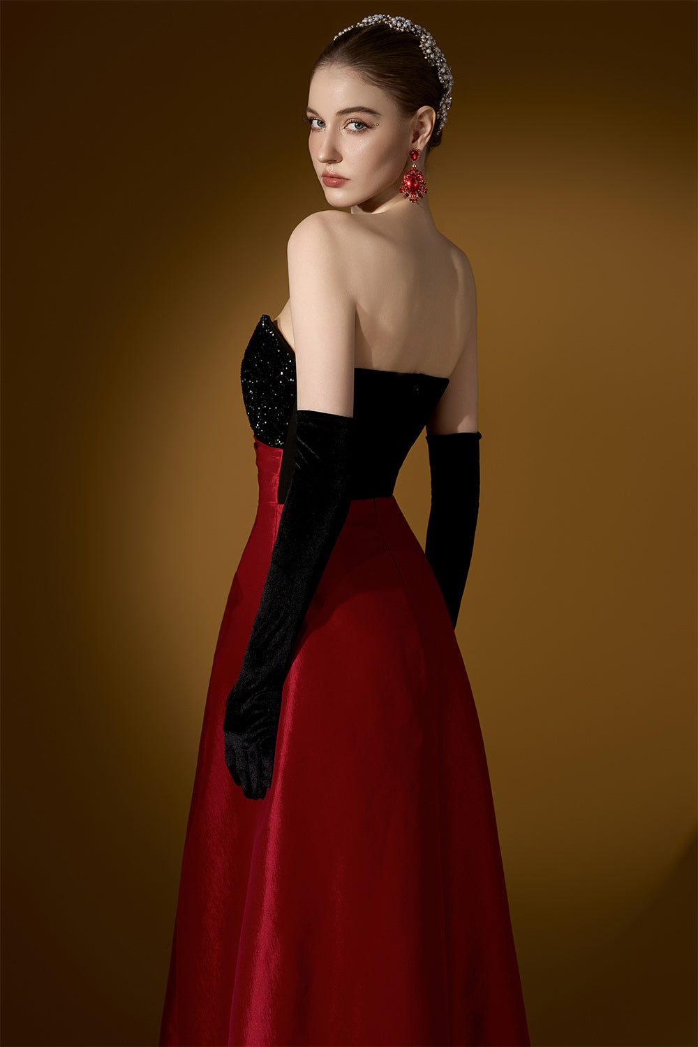 Estelle Asymmetric Curved Neck Taffeta Floor Length Dress