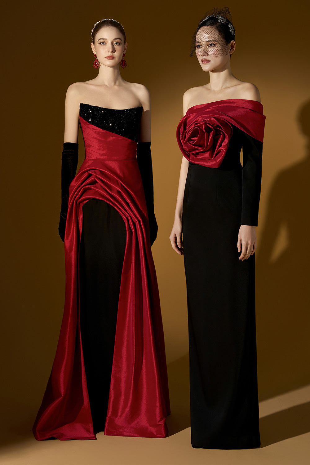 Estelle Asymmetric Curved Neck Taffeta Floor Length Dress