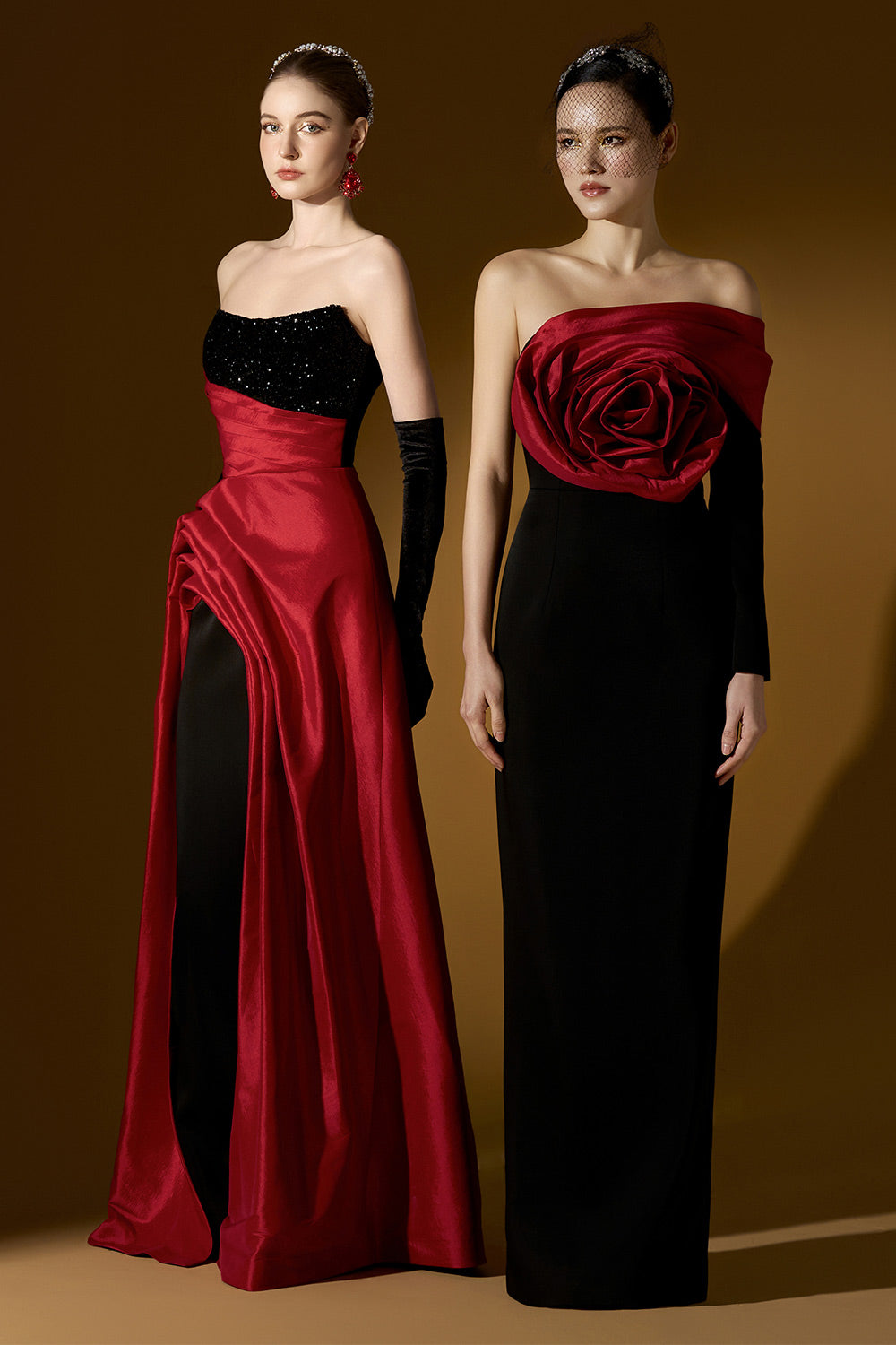 Estelle Asymmetric Curved Neck Taffeta Floor Length Dress