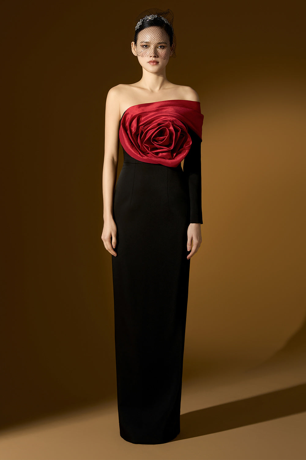 Legacy Sheath Asymmetric Sleeved Crepe Floor Length Dress