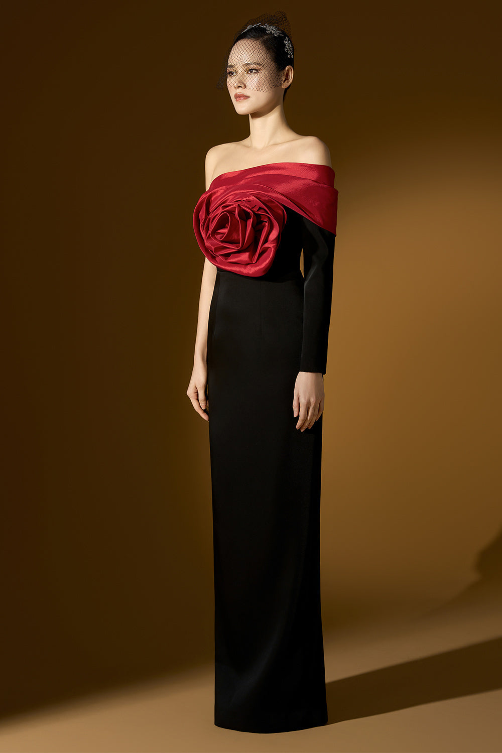 Legacy Sheath Asymmetric Sleeved Crepe Floor Length Dress