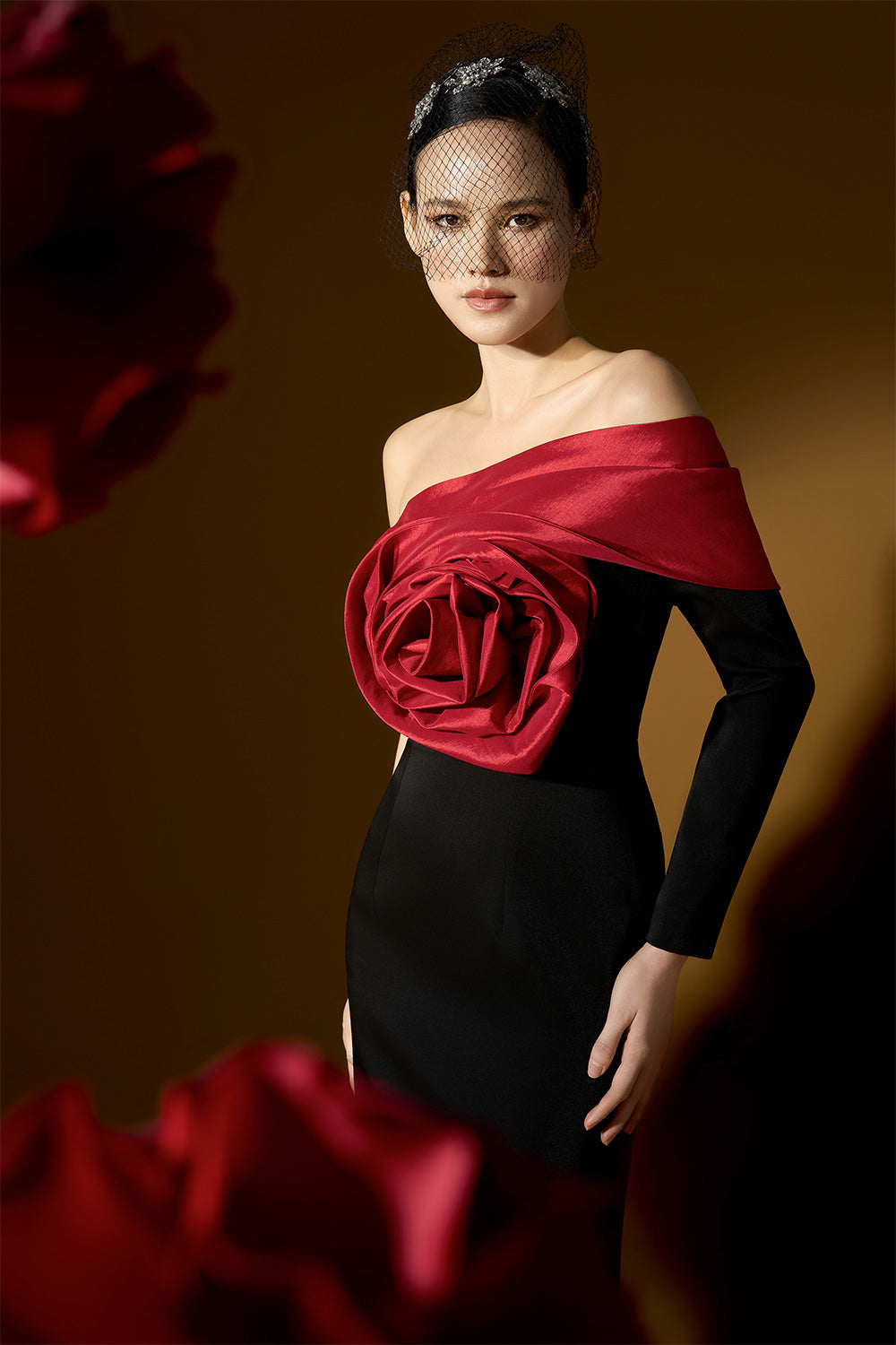 Legacy Sheath Asymmetric Sleeved Crepe Floor Length Dress