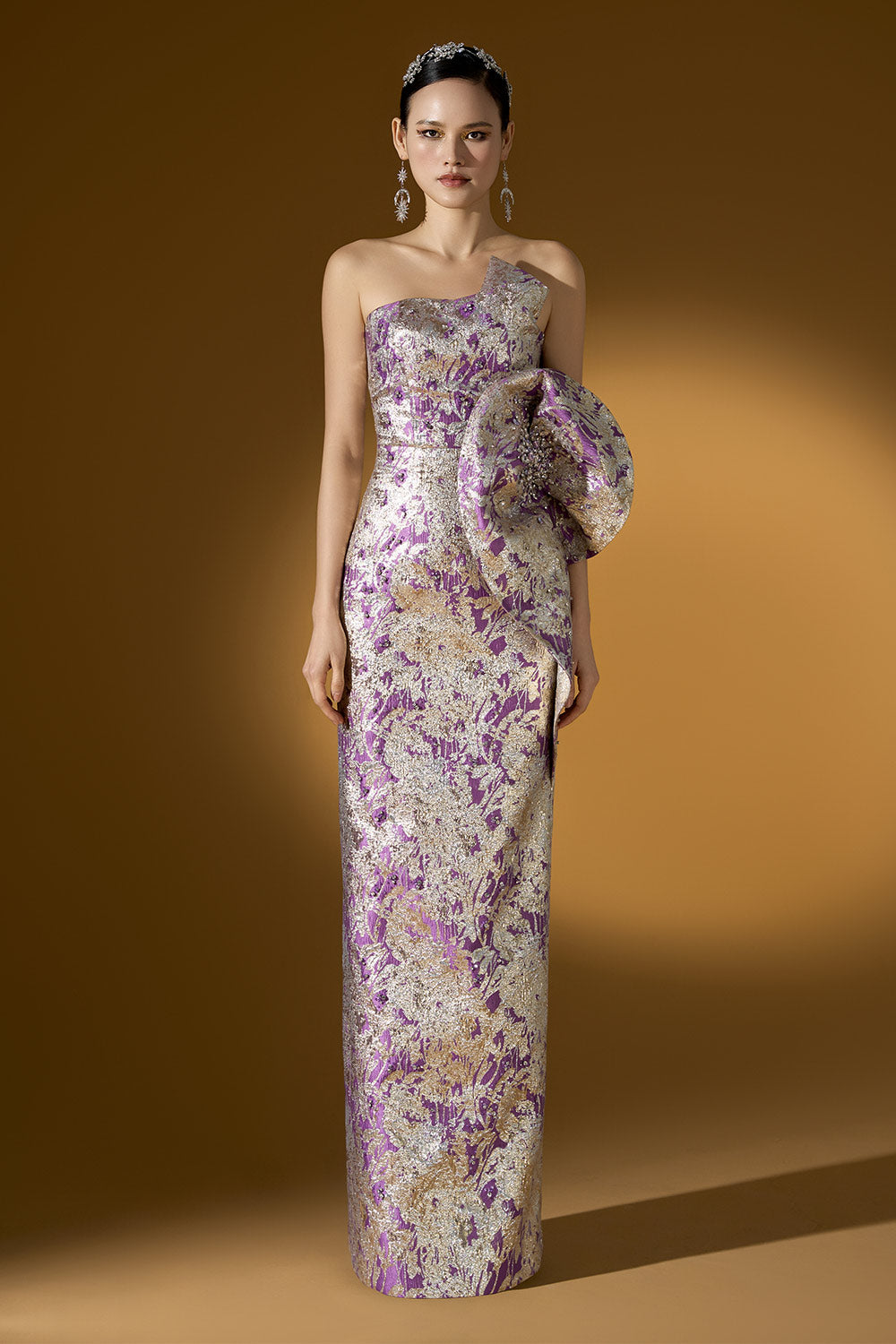 Sage Strapless Asymmetric Jacquard Floor Length Dress