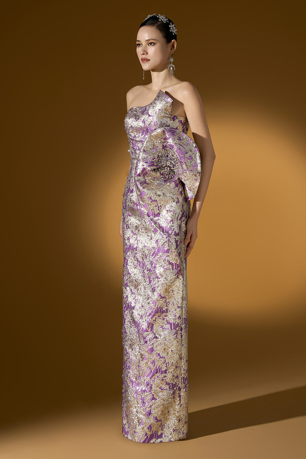 Sage Strapless Asymmetric Jacquard Floor Length Dress