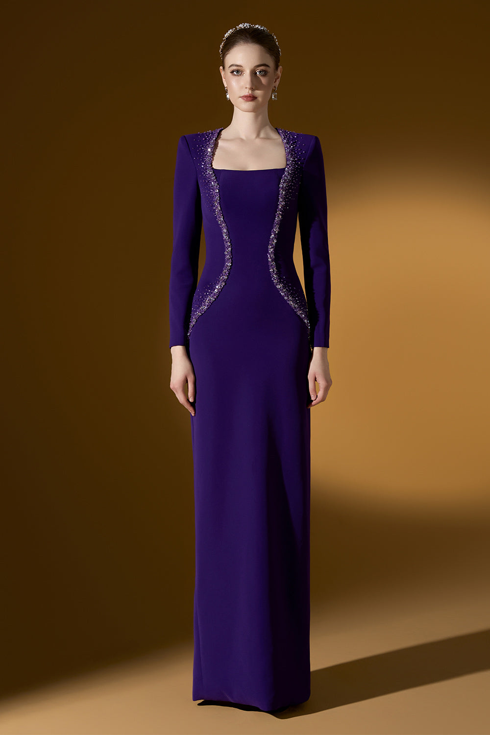 Olive Sheath Trapeze Neck Crepe Floor Length Dress