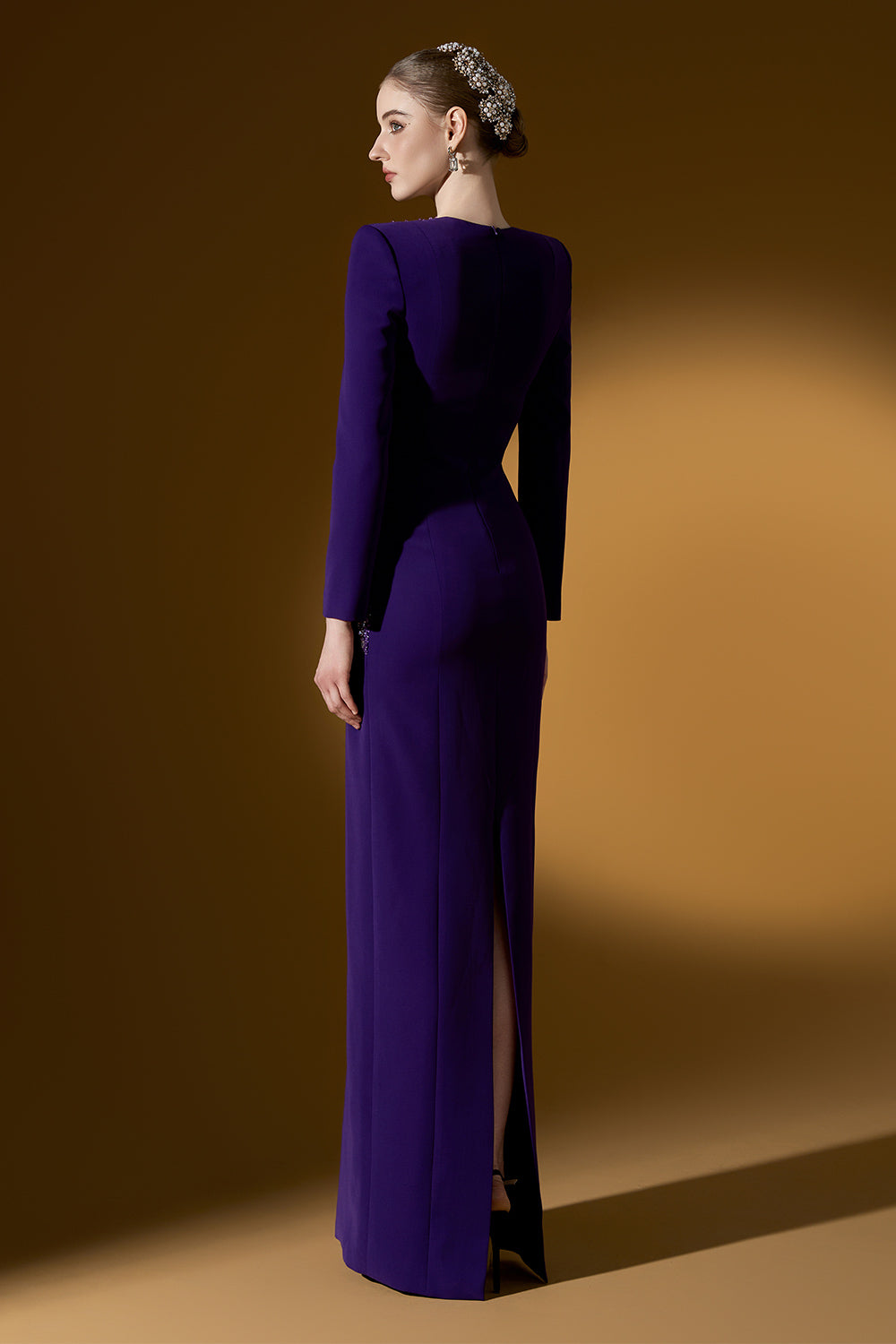 Olive Sheath Trapeze Neck Crepe Floor Length Dress