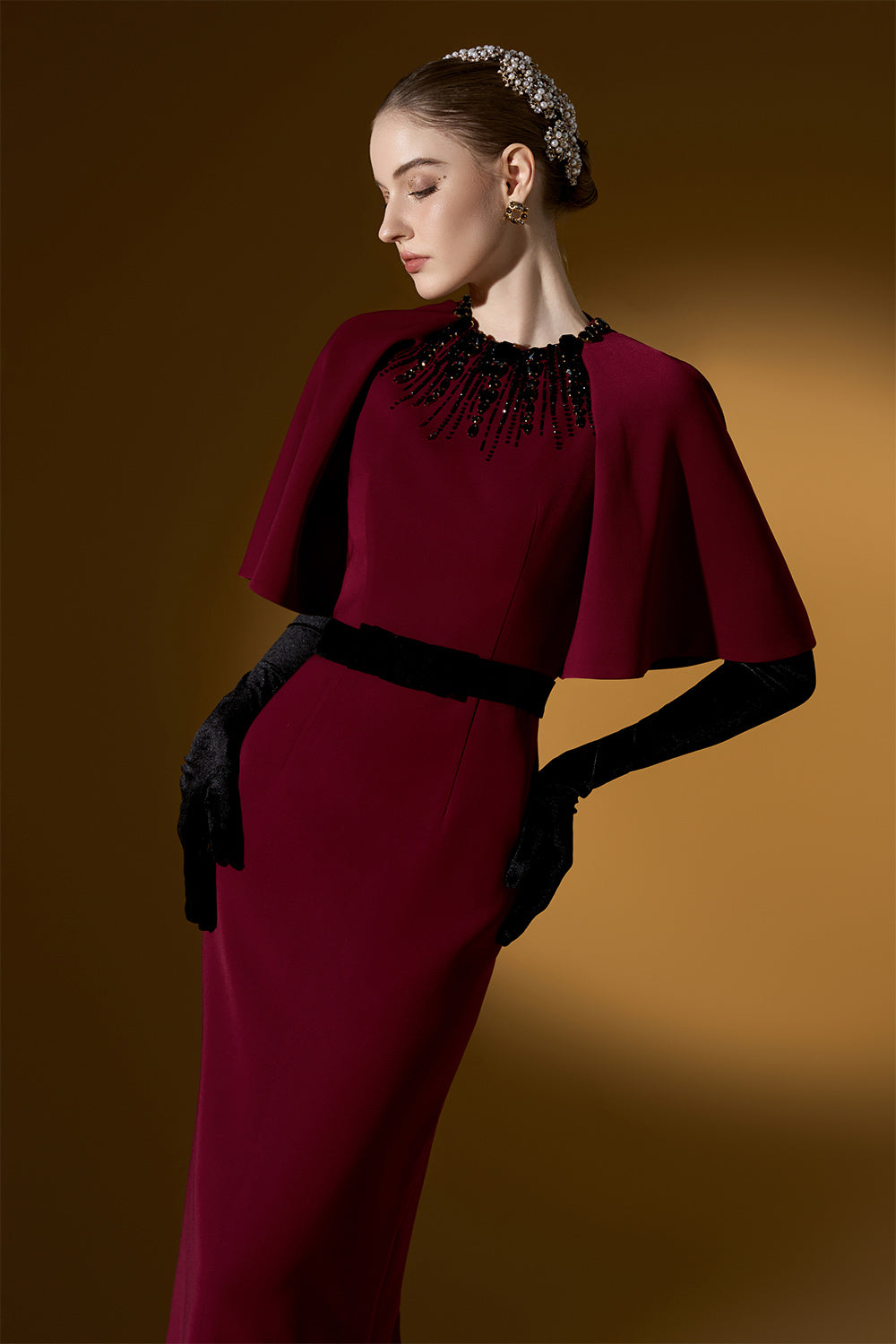 Ember Sheath Butterfly Sleeved Crepe Floor Length Dress