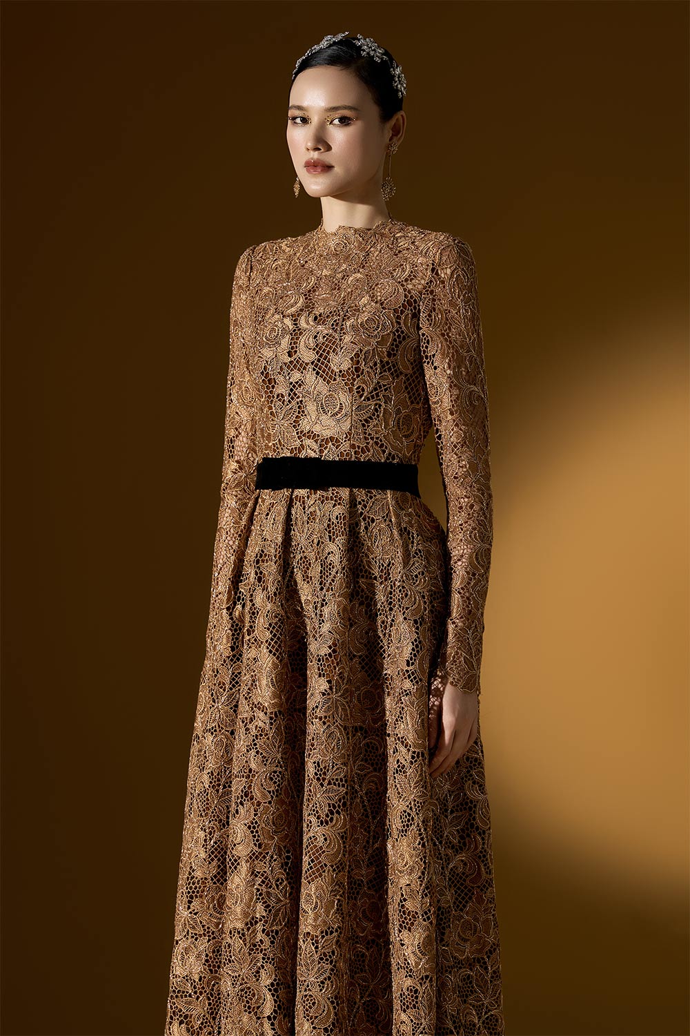 Finley A-line Box Pleated Lace Floor Length Dress