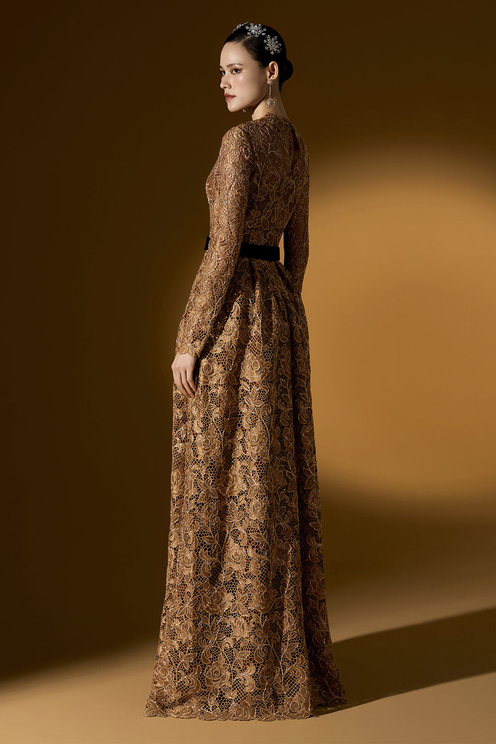 Finley A-line Box Pleated Lace Floor Length Dress