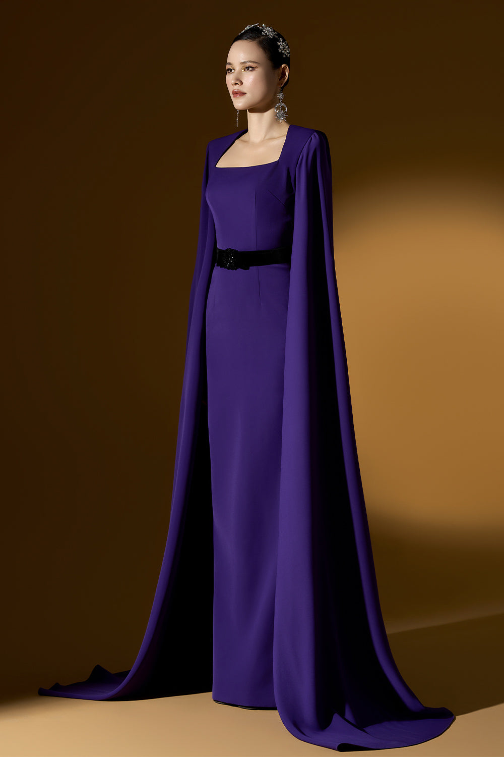 Marceline Sheath Cape Sleeved Crepe Floor Length Dress