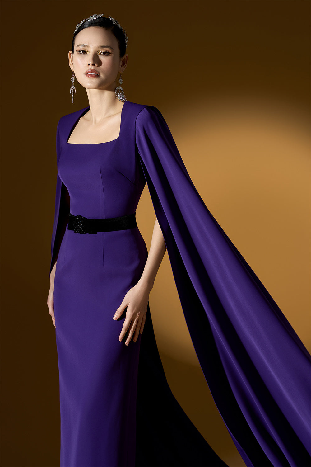 Marceline Sheath Cape Sleeved Crepe Floor Length Dress