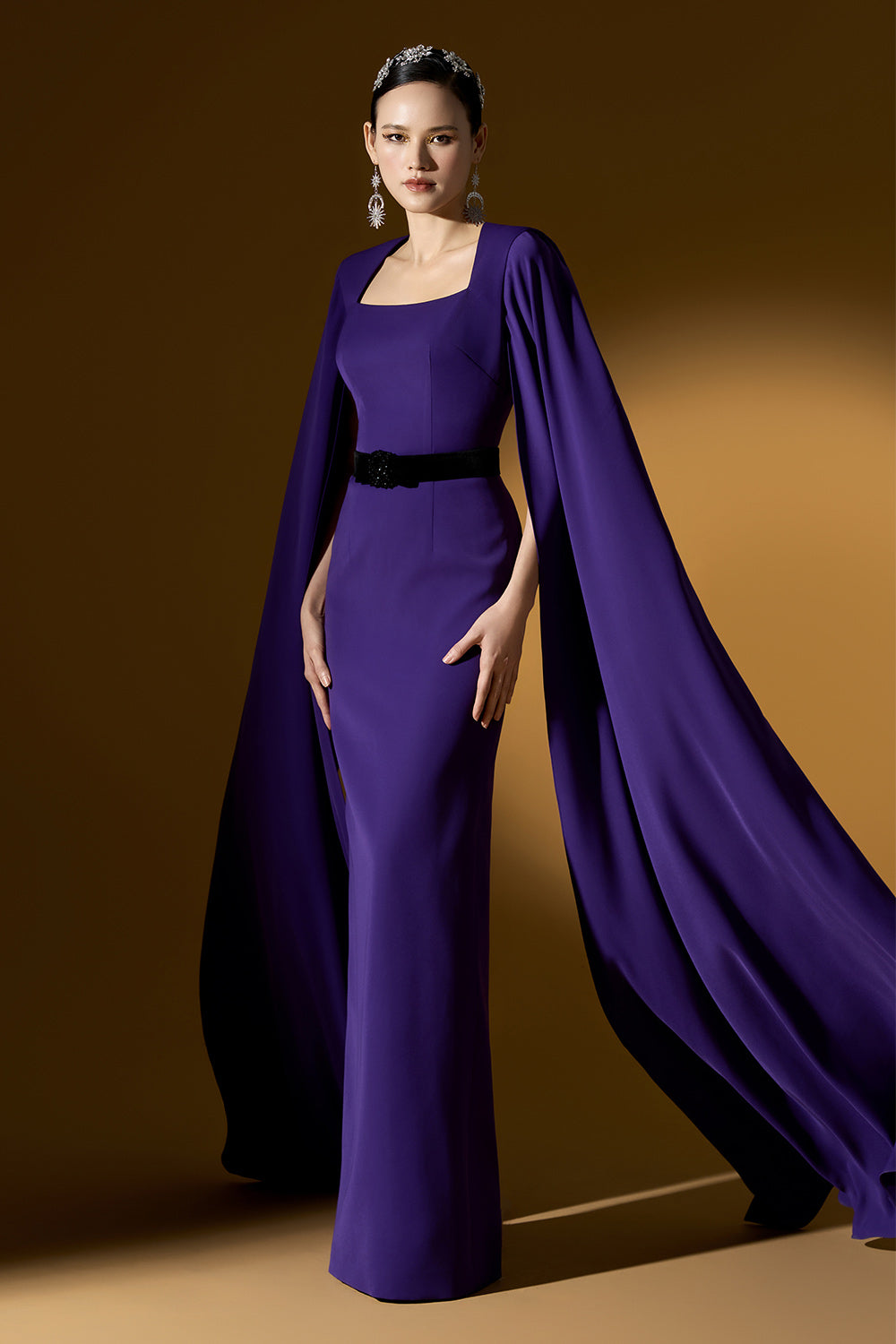 Marceline Sheath Cape Sleeved Crepe Floor Length Dress