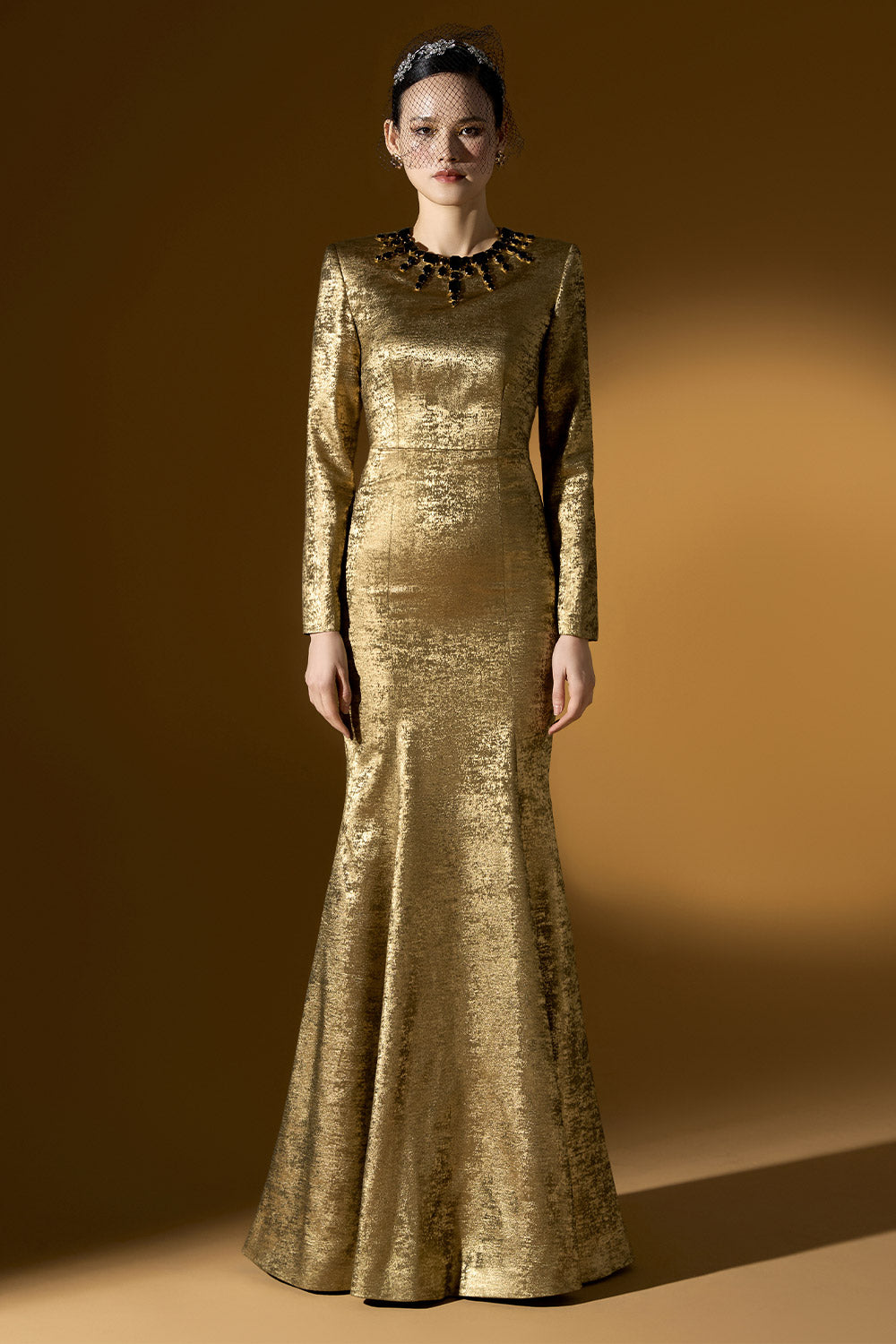 Berkley Trumpet Jewel Neck Silk Floor Length Dress