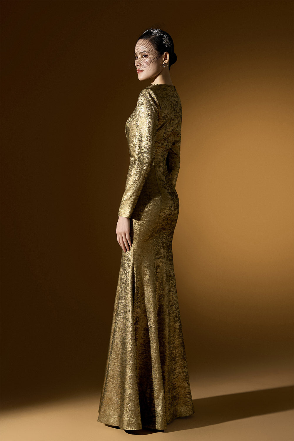 Berkley Trumpet Jewel Neck Silk Floor Length Dress